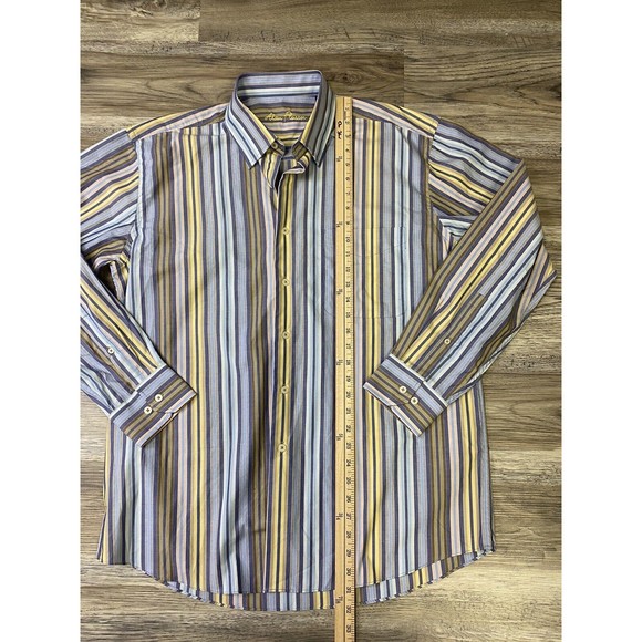 Alan Flusser Button Down Men's Size Large Striped Dress Shirt Blue Yellow - Picture 7 of 9